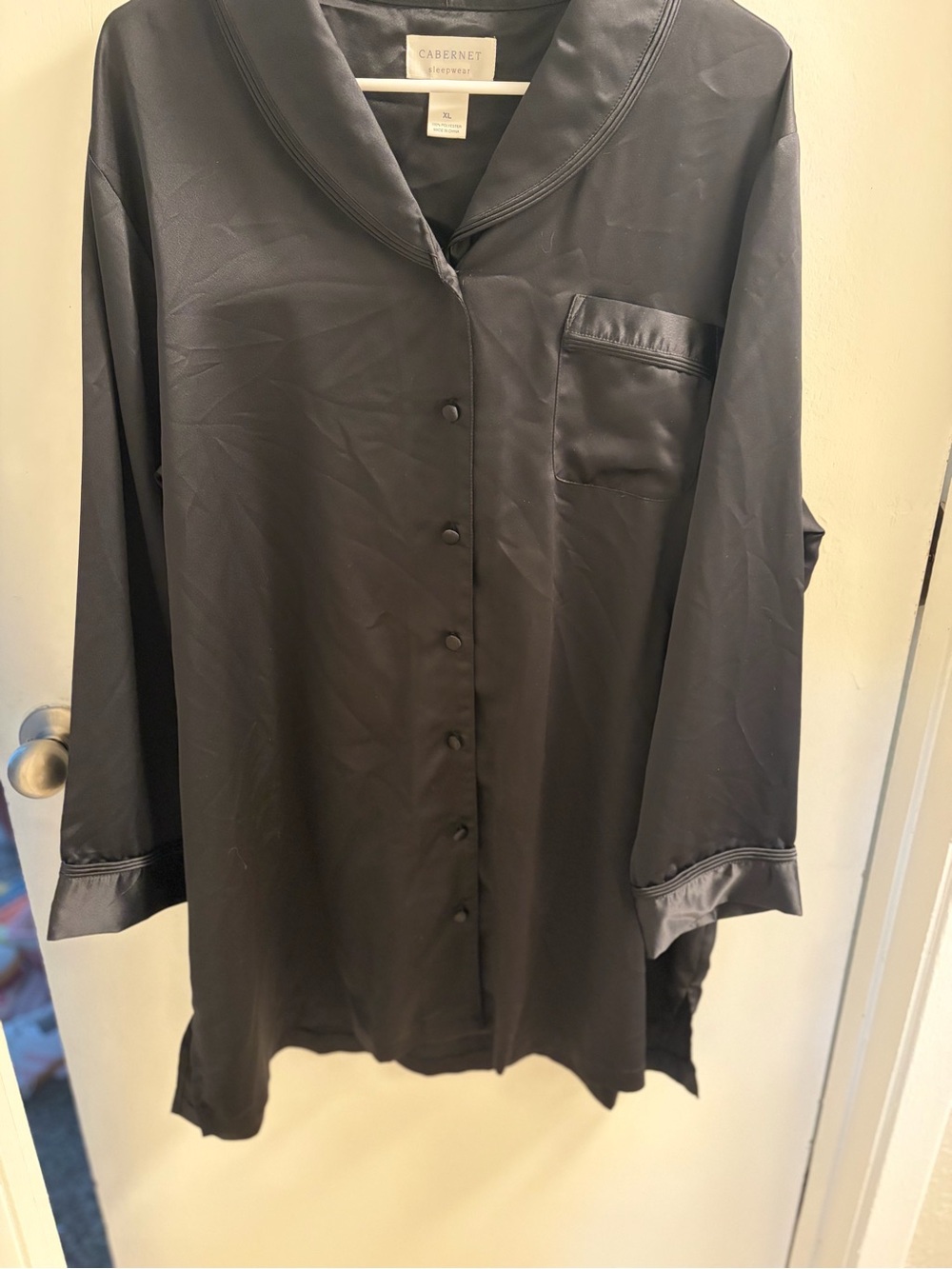 Cabernet Black Satin-Look Button-Front Pajama Shirt